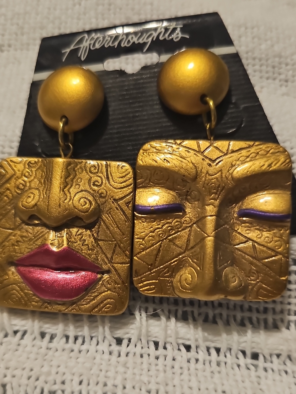 Art Deco Mask Earrings 80s  Jewelry Pink Lips Purple Eye Accents Vintage